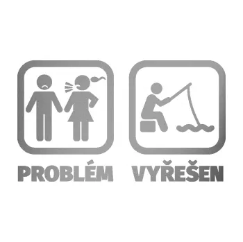 Polep vozidla SAMOLEPKA Problém? Vyřešen 006 na ryby (42 - stříbrná metalíza) NA AUTO, NÁLEPKA, FÓLIE, POLEP, TUNING, VLASTNÍ TEXT, TISK, AUTOSAMOLEPKY.cz, POLEPY, OBRÁZEK, LOGO, SAMOLEPKY