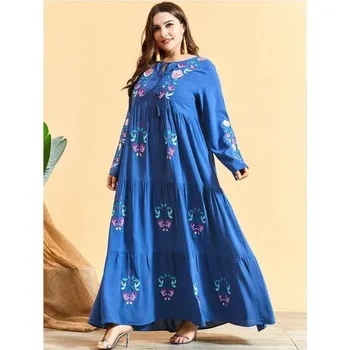 Dámské šaty Dámské orientální dlouhé šaty Abaya s výšivkou světle modré - XXL