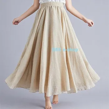 Dámská sukně Přírodní dlouhá lněná etno široká letní sukně LILIEN - Béžová