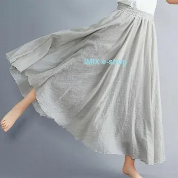 Dámská sukně Přírodní dlouhá lněná etno široká letní sukně LILIEN - Šedá