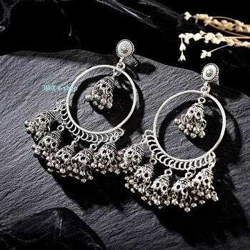 Náušnice Velké Bollywood náušnice kruhy se zvonečky - Stříbrná