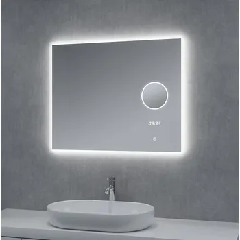 Zrcadlo Zrcadlo s LED osvětlením kosmetickým zrcátkem a hodinami, 800 x 650 mm