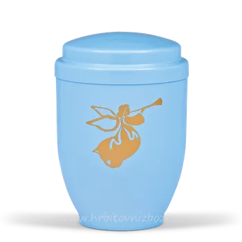Smuteční dekorace Ocelová urna malá modrá se zlatým andělem