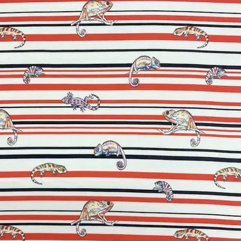 Teplákovina nepočesaná bílá, červeno-černé pruhy, chameleoni, š.150