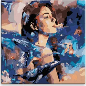 Malování podle čísel - Dívka s velrybami - 40x40 cm, bez dřevěného rámu - CZ výroba