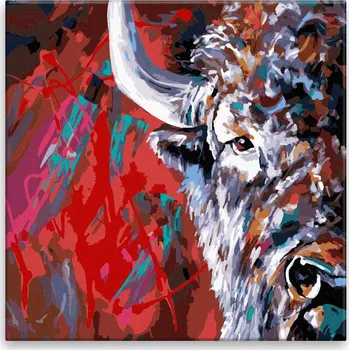 Dětské zboží Malování podle čísel - Bizon s rudým podkladem - 40x40 cm, bez dřevěného rámu - CZ výroba