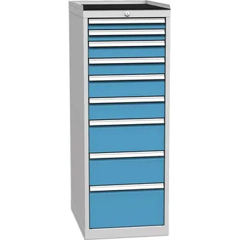Zásuvková dílenská skříňka, 9 x zásuvka, v x š x h: 1350 x 500 x 700 mm, barva šedá RAL7035/ modrá RAL5012