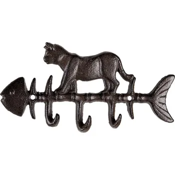 Věšák Clayre & Eef, Holandsko Clayre & Eef - Nástěnný kovový věšák KOČKA na rybě - 20*2*10 cm