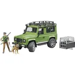 Land Rover Defender s myslivcem a se psem Bruder 02587 (Bruder B-World - Sada figurky myslivce se psem a terénního auta Land Rover Defender. Myslivec má pušku a součástí je i klec na převoz psa, kterou lze umístit do kufru auta. Auto včetně náhradního kol