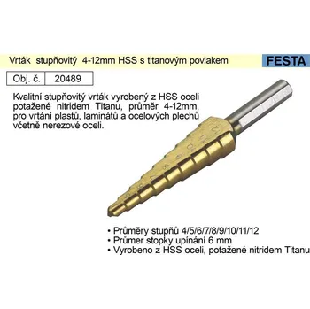 Vrták Vrták stupňovitý 4-12mm HSS s titanovým povlakem