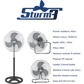 Domácí ventilátor Cirkulační ventilátor STURM3, průměr 45cm, 3v1