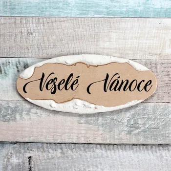 Vánoce Dřevěná cedulka natur oválná 95 mm - Veselé Vánoce