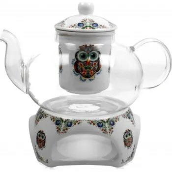 Filtrační konvice DUO Gifts DG - Skleněná konvice s ohřívačem na čajovou svíčku SOVA ETNO v dárkové krabičce - 1000 ML