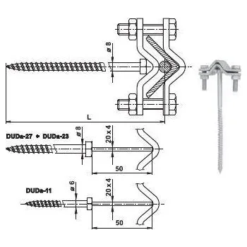 Hromosvod DUDa-22 Cu držák ochranného úhelníku do dřeva, délka 220mm, provedení Cu měď