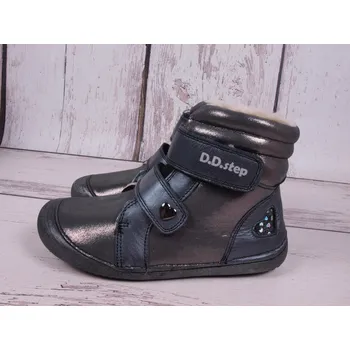 Dívčí zimní obuv D.D.step Zimní boty D.D. step kožené BAREFOOT W063-829A šedé s lesklým efektem se srdíčkem velikost: 36