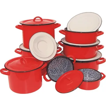 Hrnec Osmidílná souprava s poklicemi Ema-Lion Klasik (selské smaltované nádobí Bonyhádi v červené barvě osmidílná souprava červená Klasik)