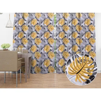 ubrus Bavlněný závěs Sandra SA-177 Okrové a šedé tropické listy 150x160 cm