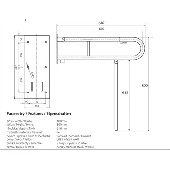 Madlo do koupelny Help sklopný úchyt ve tvaru U 600mm s opěrnou nohou, bílý