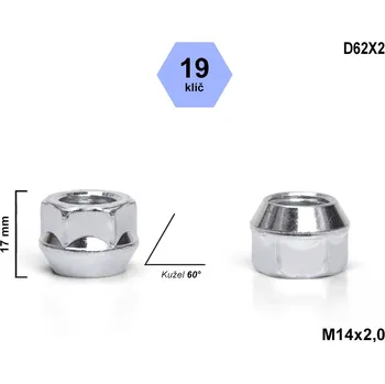 Matice na kolo Kolová matice M14x2,0 kužel otevřená, klíč 19, D62X2, výška 17 mm