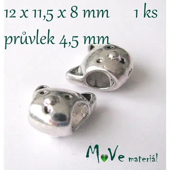 Dětské navlékací korálky Korálek kovový kočka, 1 kus, starostříbro