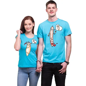 Pánská móda Partnerská trička - Párek v rohlíku, Barva látky tyrkysová modrá, Dámské tričko XS, Pánské tričko XL