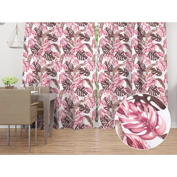 ubrus Bavlněný závěs Sandra SA-227 Hnědé a starorůžové tropické listy na bílém 150x140 cm