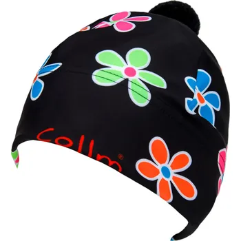 Čepice COLLM Dětská sportovní čepice s bambulí KVĚTY černé