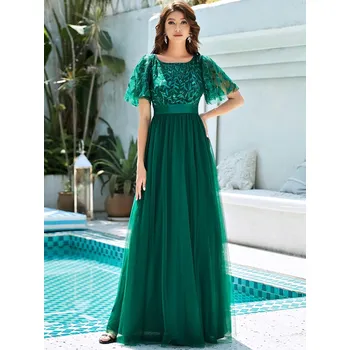 Dámské oblečení Maxi šaty s krajkovým topem a flitry Barva: Tmavě Zelená, Velikost: 2XL