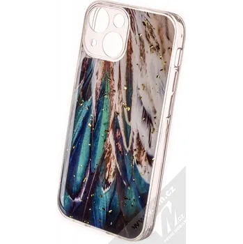 Pouzdro na mobilní telefon 1Mcz Gold Glam Peří Skinny TPU ochranný kryt pro Apple iPhone 13 mini hnědá tmavě zelená (brown dark green)