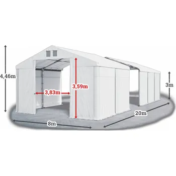 Zahradní stan Skladový stan 8x20x3m střecha PVC 560g/m2 boky PVC 500g/m2 konstrukce ZIMA Bílá Bílá Bílá