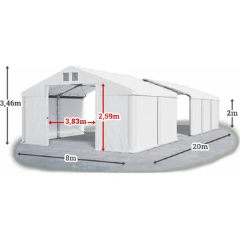 Zahradní stan Skladový stan 8x20x2m střecha PVC 560g/m2 boky PVC 500g/m2 konstrukce ZIMA PLUS Bílá Bílá Bílá