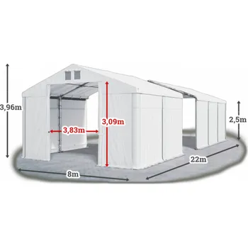 Zahradní stan Skladový stan 8x22x2,5m střecha PVC 620g/m2 boky PVC 620g/m2 konstrukce ZIMA Bílá Bílá Bílá