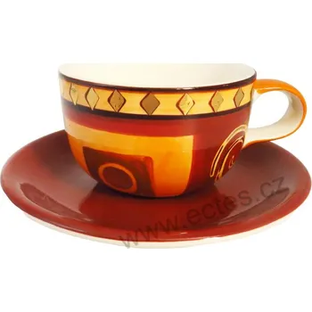 ORNAMENT SQUARES porcelánový šálek a podšálek zlatá kolečka na hnědé 200ml