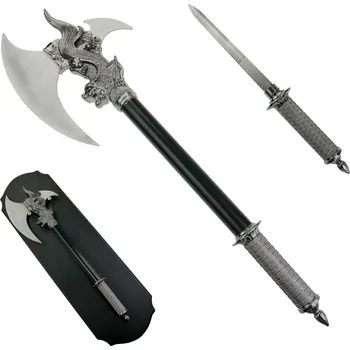 Replika zbraně CHZ Starověká sekera "DRAGON AXE" se skrytým nožem + erb