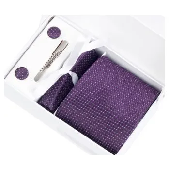 Kravata Luxusní set tmavě fialový s puntíky - Kravata, kapesníček do saka, manžetové knoflíčky, kravatová spona v dárkovém balení