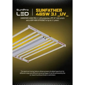 LED trubice SunPro SUNFATHER 465W -3.1 UV, pěstební LED osvětlení (LED SUNFATHER 465W je nejnovější LED osvětlení s možností upravy světelného spektra a přidanou UV trubicí od značky SunPro se světelným tokem PPF až 1442 µmol/s a účinnosti svítidla až 3,1 µmol/J!)