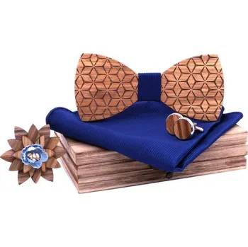 Kravata Set dřevěného motýlku, kapesníčku a manžetových knoflíčků - Trojrozměrný, modrý