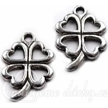 Party dekorace Přívěsek na klíče malý stříbrný čtyřlístek 15x21mm, barva platina s patinou, 1ks