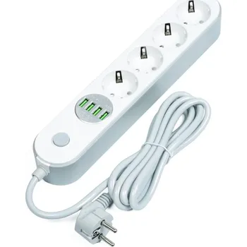 elektrický kabel LED21 Prodlužovací SMART kabel - šňůra 1.8m se 4 síťovými a 4 USB zásuvkami, vypínač, bílý