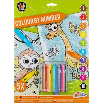 GRAFIX Malování podle čísel 5ks listů A4 zvířátka + voskovky