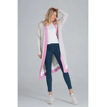Dámský svetr Béžový kardigan s bílým pruhem a růžovým lemováním M845 Beige-Fuchsia-White Velikost: ONE SIZE