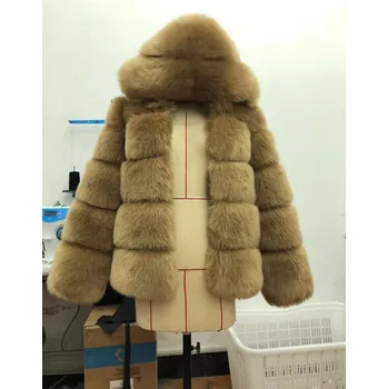 Dámská parka Tlustý kožich s kapucí zimní dámská bunda chlupatá Barva: Světle Hnědá, Velikost: L