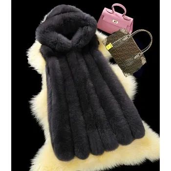 Dámská vesta Zimní kožich bez rukávů chlupatý vesta s kapucí Barva: Černá, Velikost: M