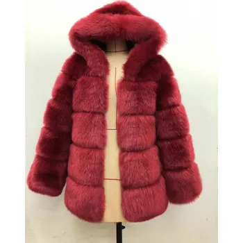 Dámská parka Tlustý kožich s kapucí zimní dámská bunda chlupatá Barva: Vínová, Velikost: S
