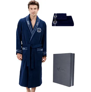 Pánský župan Pánský župan MARINE v dárkovém balení + ručník MARINE - Tmavě modrá, M + papučky (40/42) + ručník + box, Soft Cotton