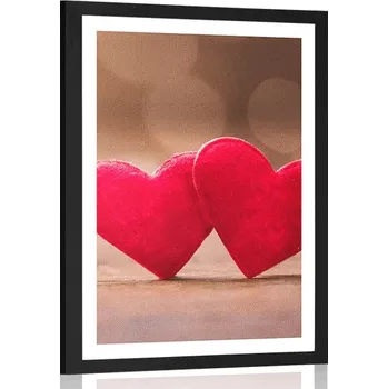Plakát Dovido Plakát s paspartou červená srdíčka na dřevěné textuře