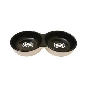 Miska pro psa Dvojmiska keramická černá s kostičkama 2 x 13 cm
