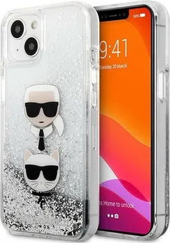 Pouzdro na mobilní telefon Karl Lagerfeld Liquid Glitter Karl&Choupette Head  pro Apple iPhone 13 Mini stříbrné