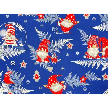 Mirtex Plátno DOMESTINO 120/ 22296-7 Vánoční skřítek červený na modré šíře 160cm Zbytková metráž
