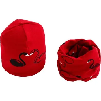 Čepice Set čepice a teplý krční límec - Labutě Barva: Červená, Velikost: M (3M-3Y)